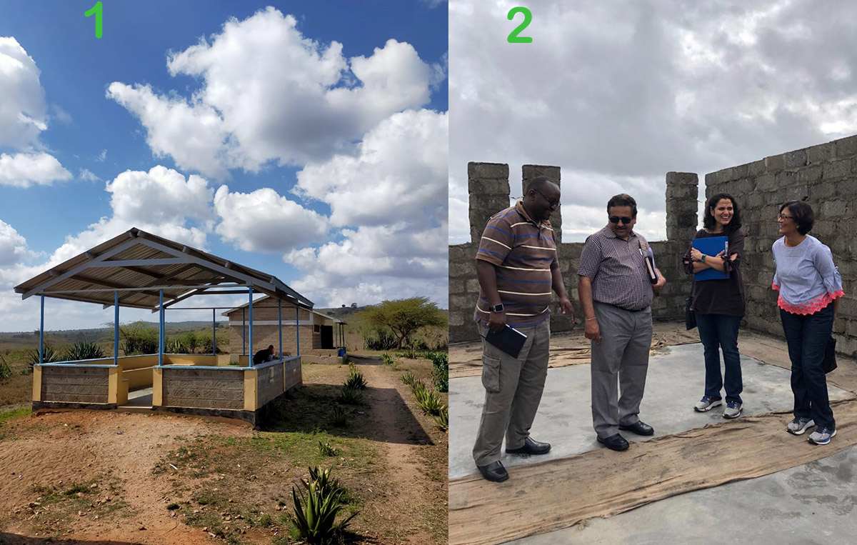 1. Open air hall at Mt View Primary School, 2. Site inspection by trustees and consultants at Kitengela Magereza Secondary School